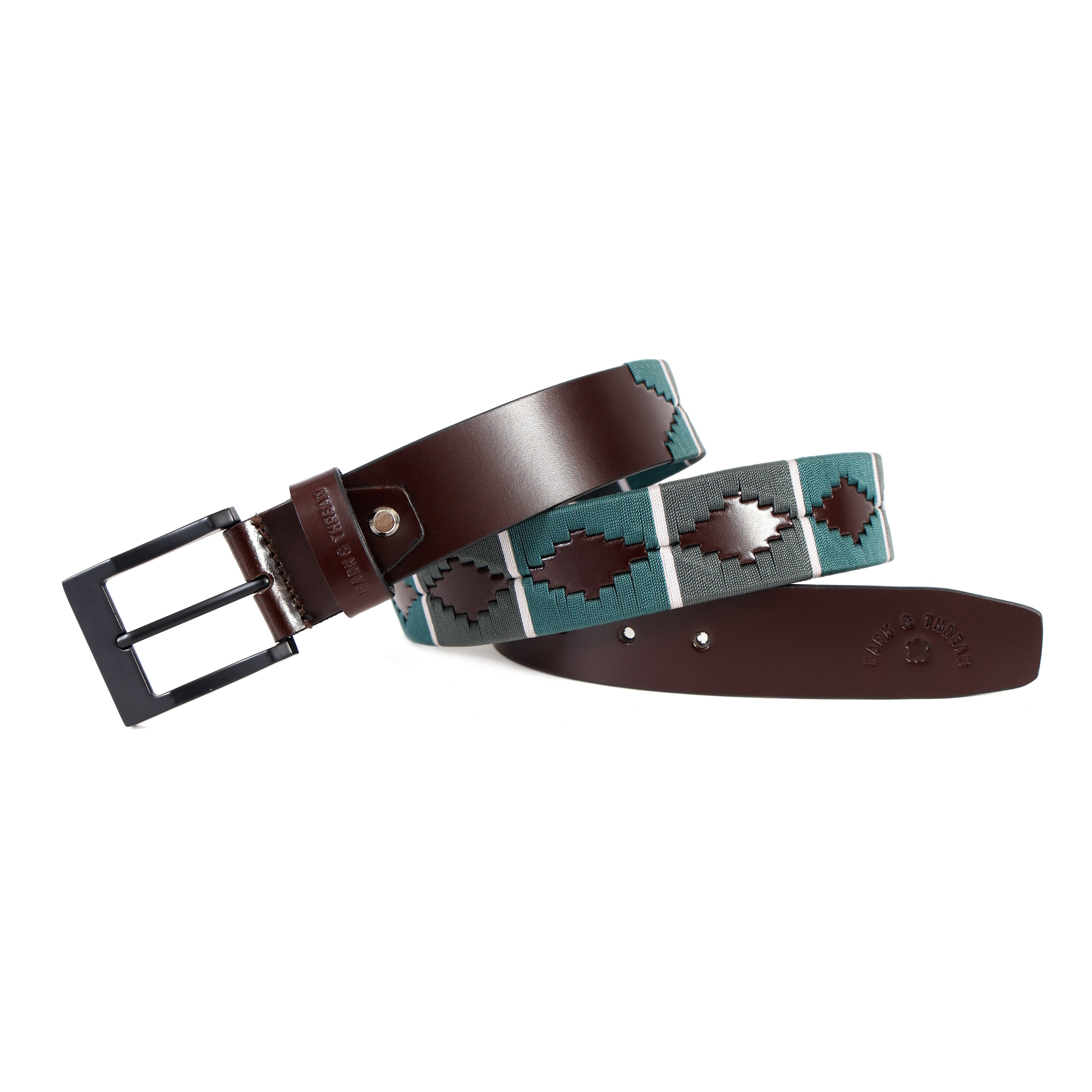 Premium Polo Leather Belt with Light & Dark Green Stitching – Brown Strap & Black Buckle