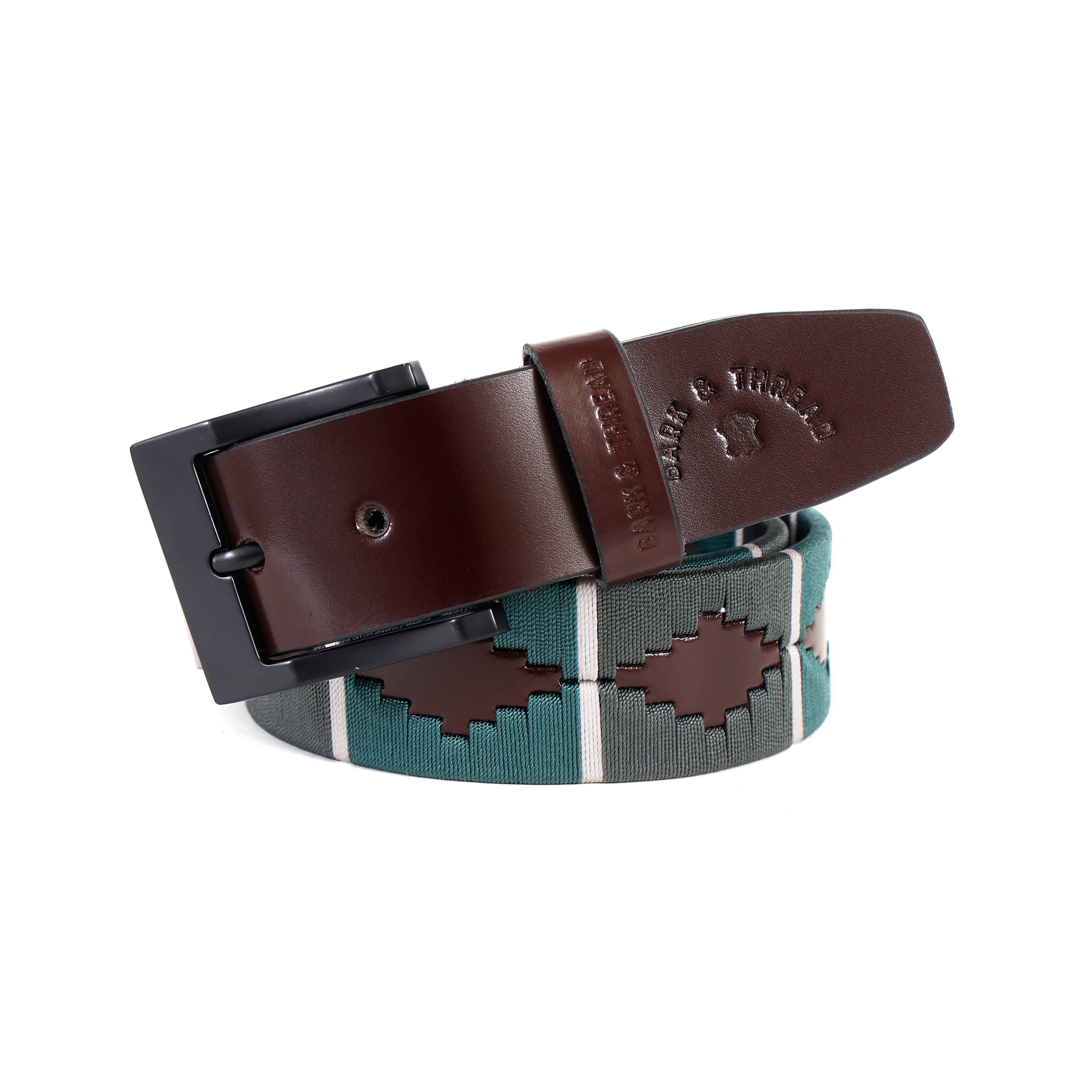 Premium Polo Leather Belt with Light & Dark Green Stitching – Brown Strap & Black Buckle