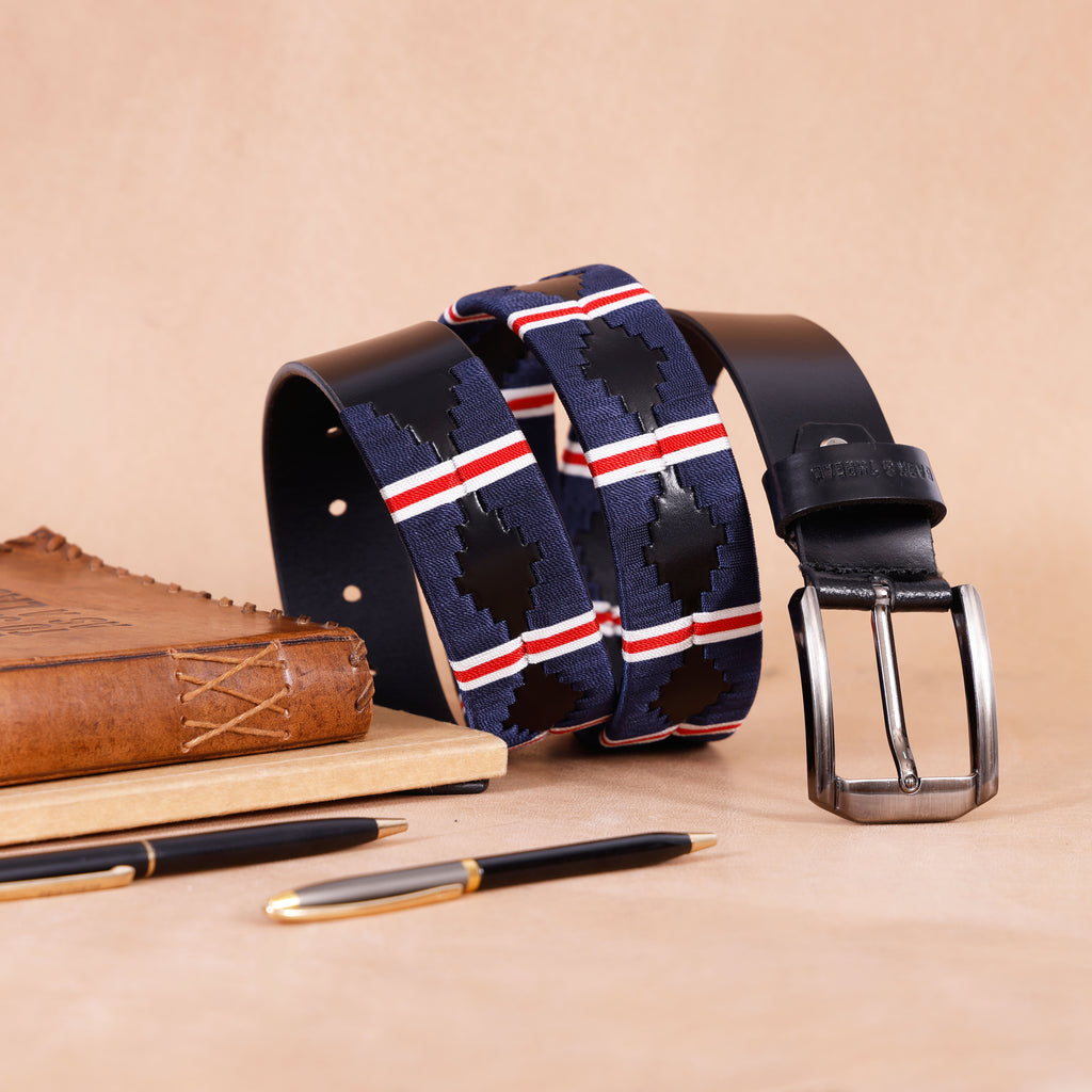 Luxury Polo Leather Belt with Multicolour Stitching – Black Strap & Silver Buckle