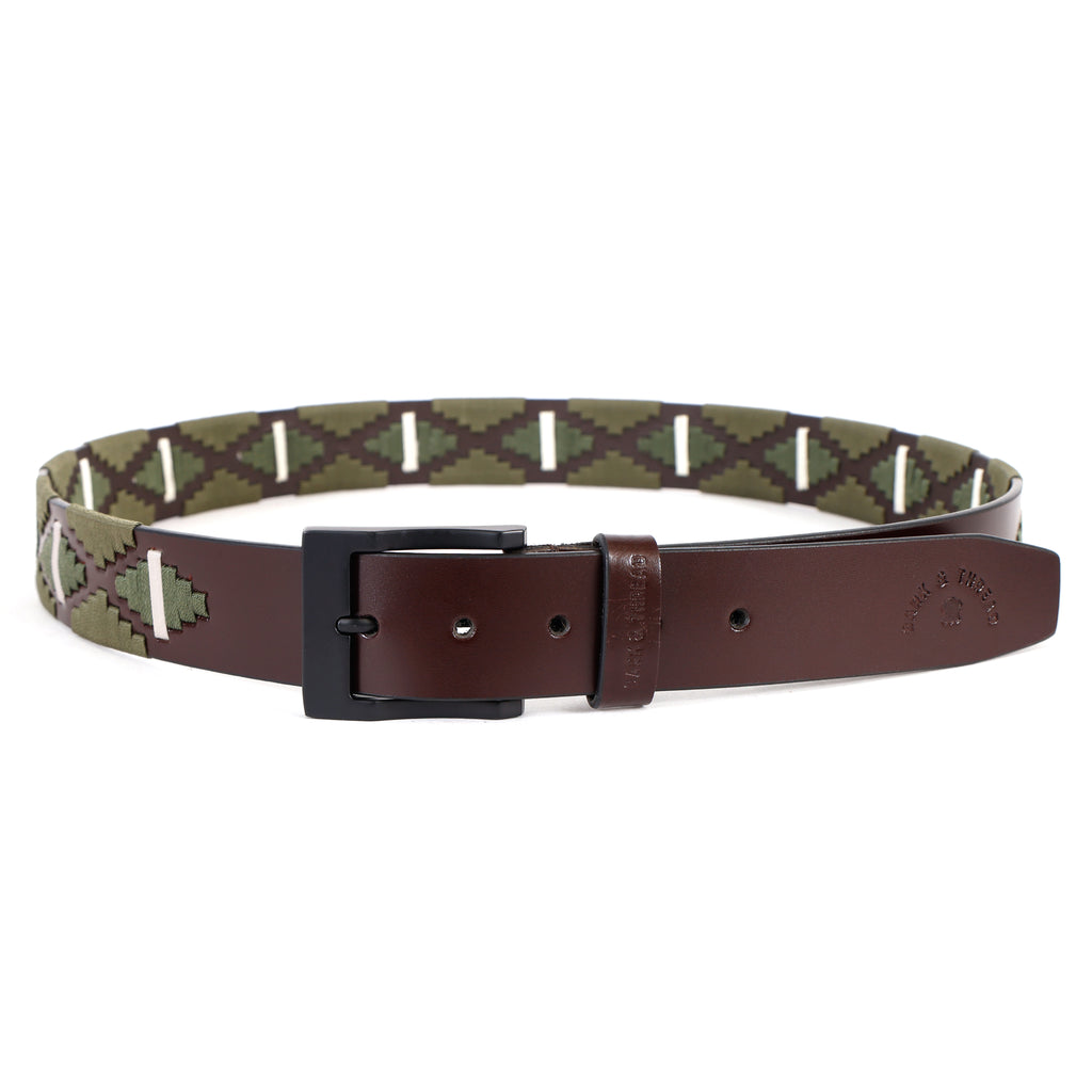Premium Polo Leather Belt with Olive & White Stitching – Brown Strap & Black Buckle