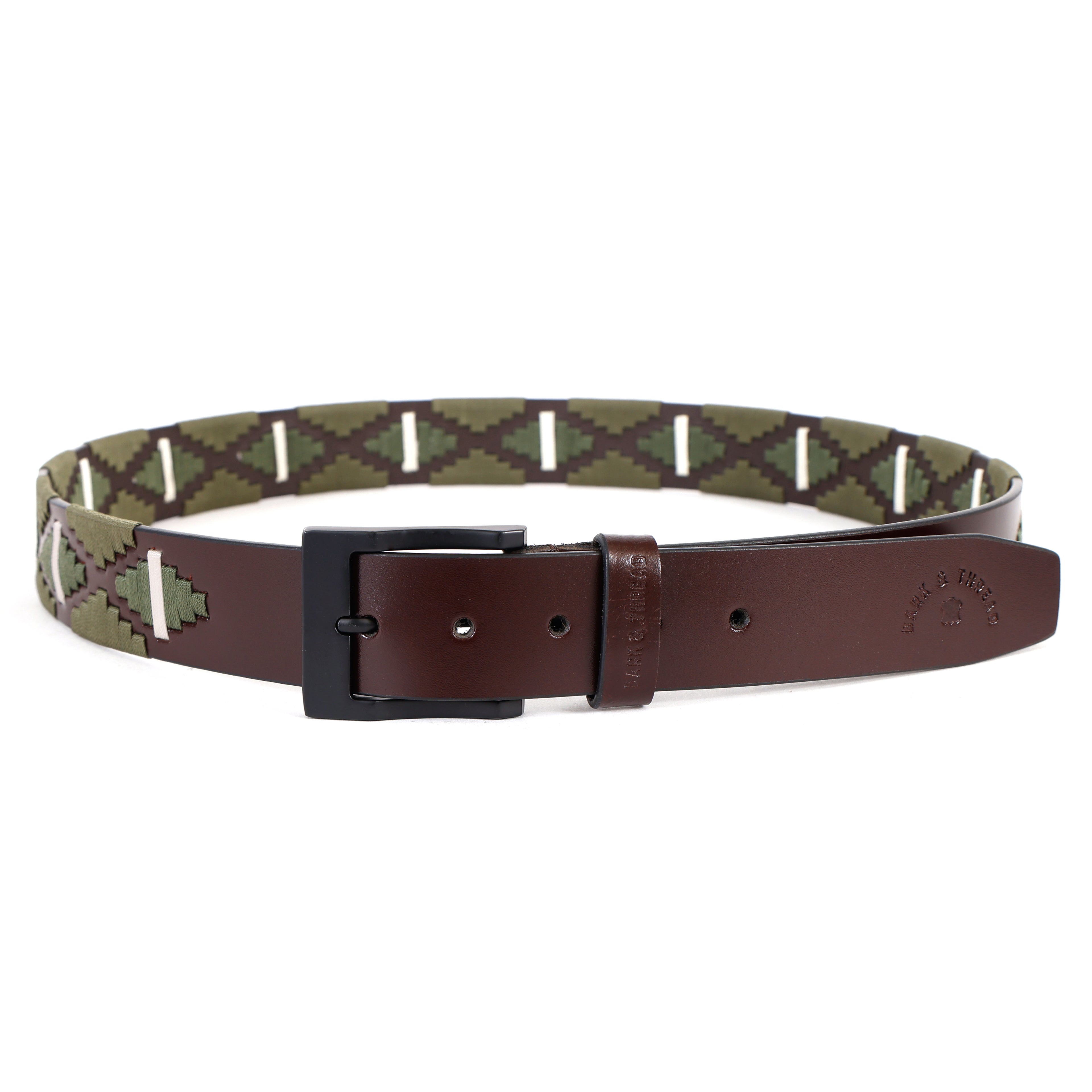 Premium Polo Leather Belt with Olive & White Stitching – Brown Strap & Black Buckle