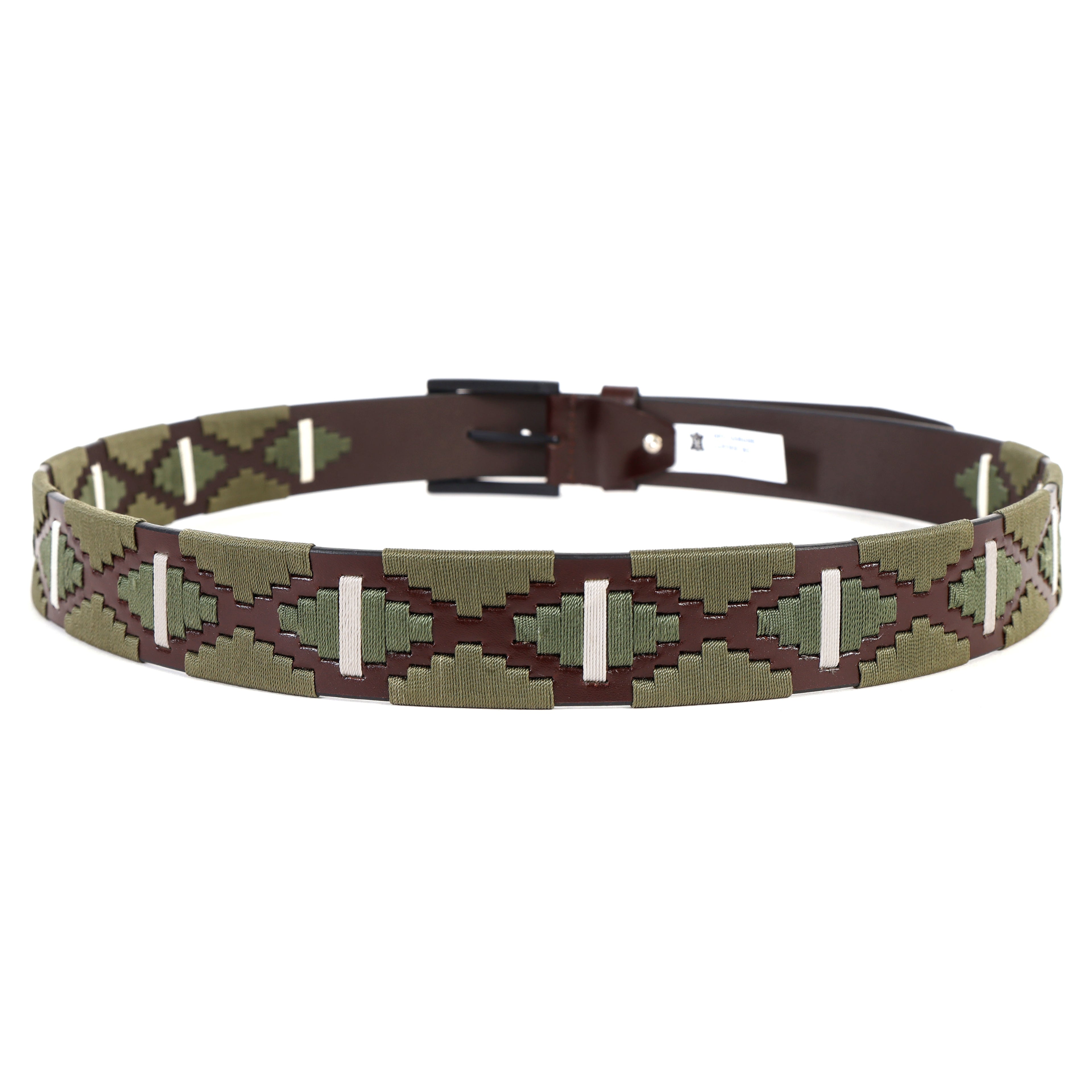 Premium Polo Leather Belt with Olive & White Stitching – Brown Strap & Black Buckle