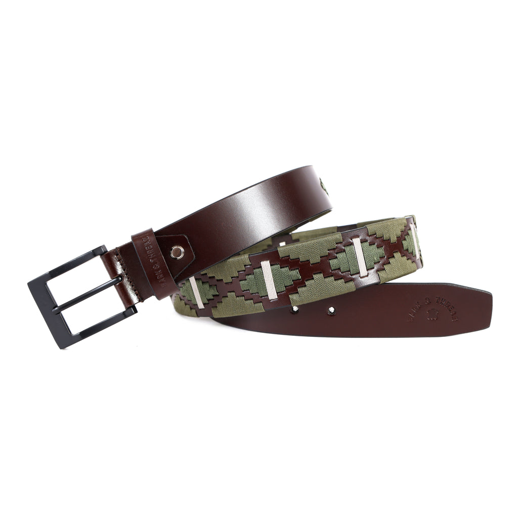 Premium Polo Leather Belt with Olive & White Stitching – Brown Strap & Black Buckle
