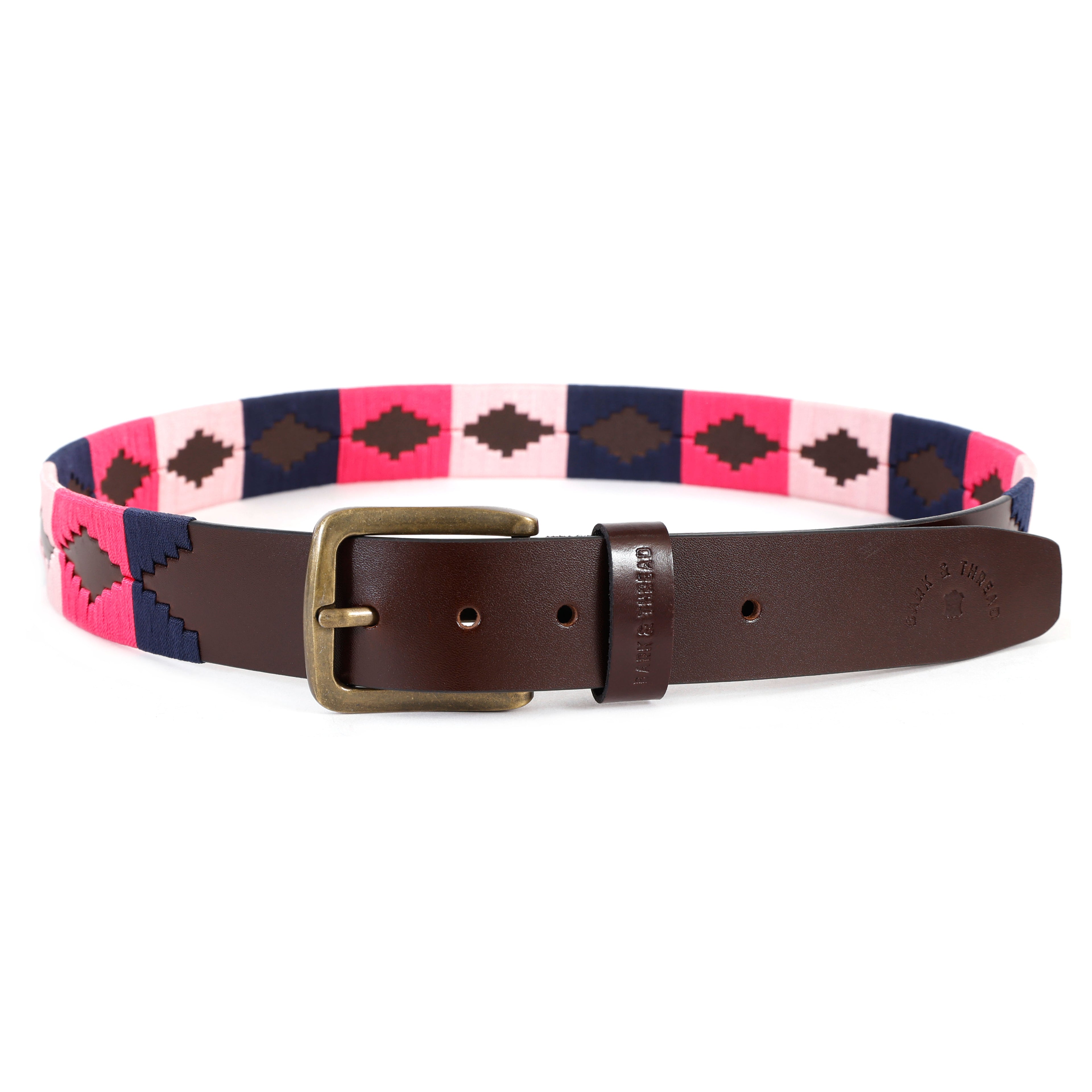 Premium Polo Leather Belt with Multicolour Stitching – Brown Strap & Gold Buckle