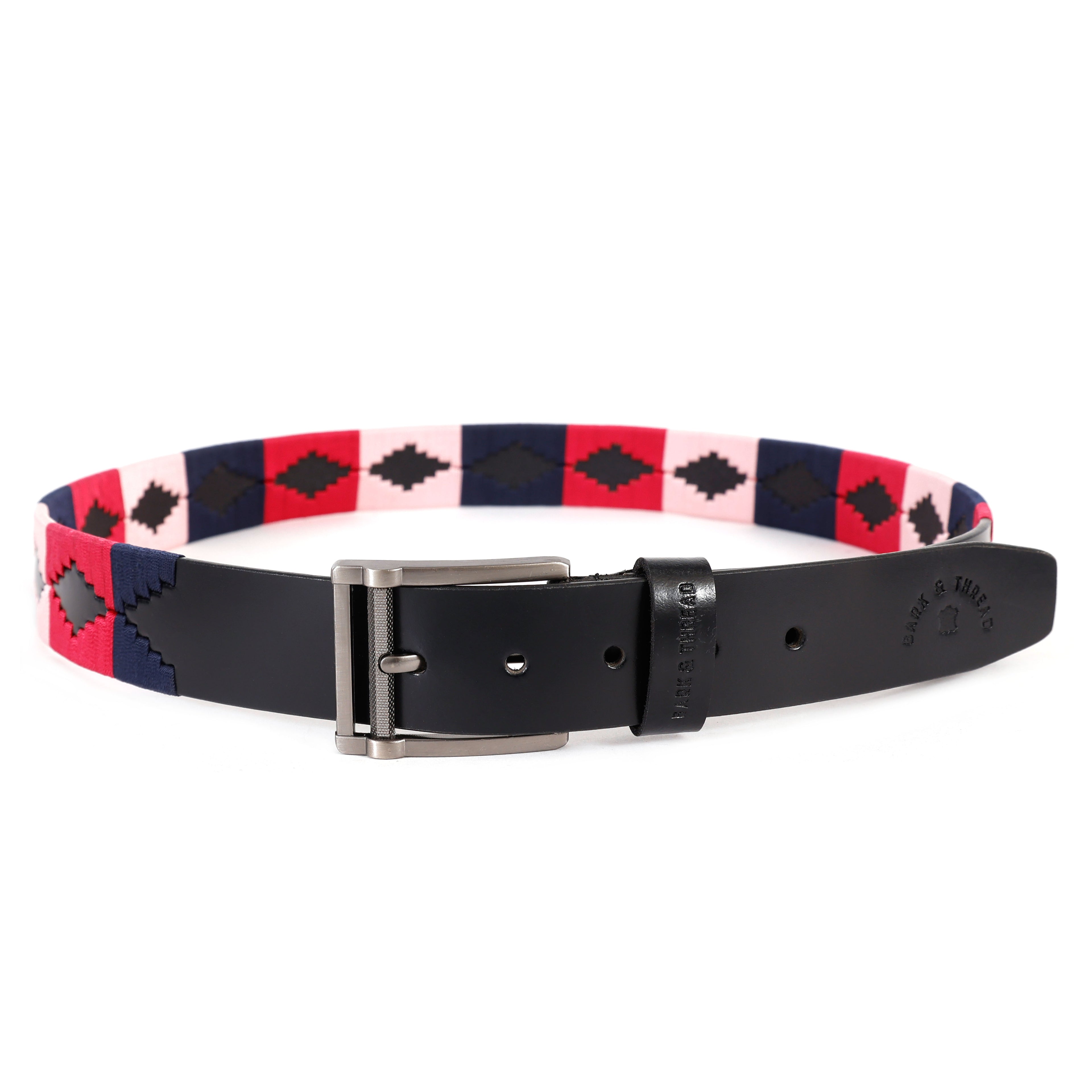 Premium Polo Leather Belt with Multicolour Stitching – Black Strap & Silver Buckle