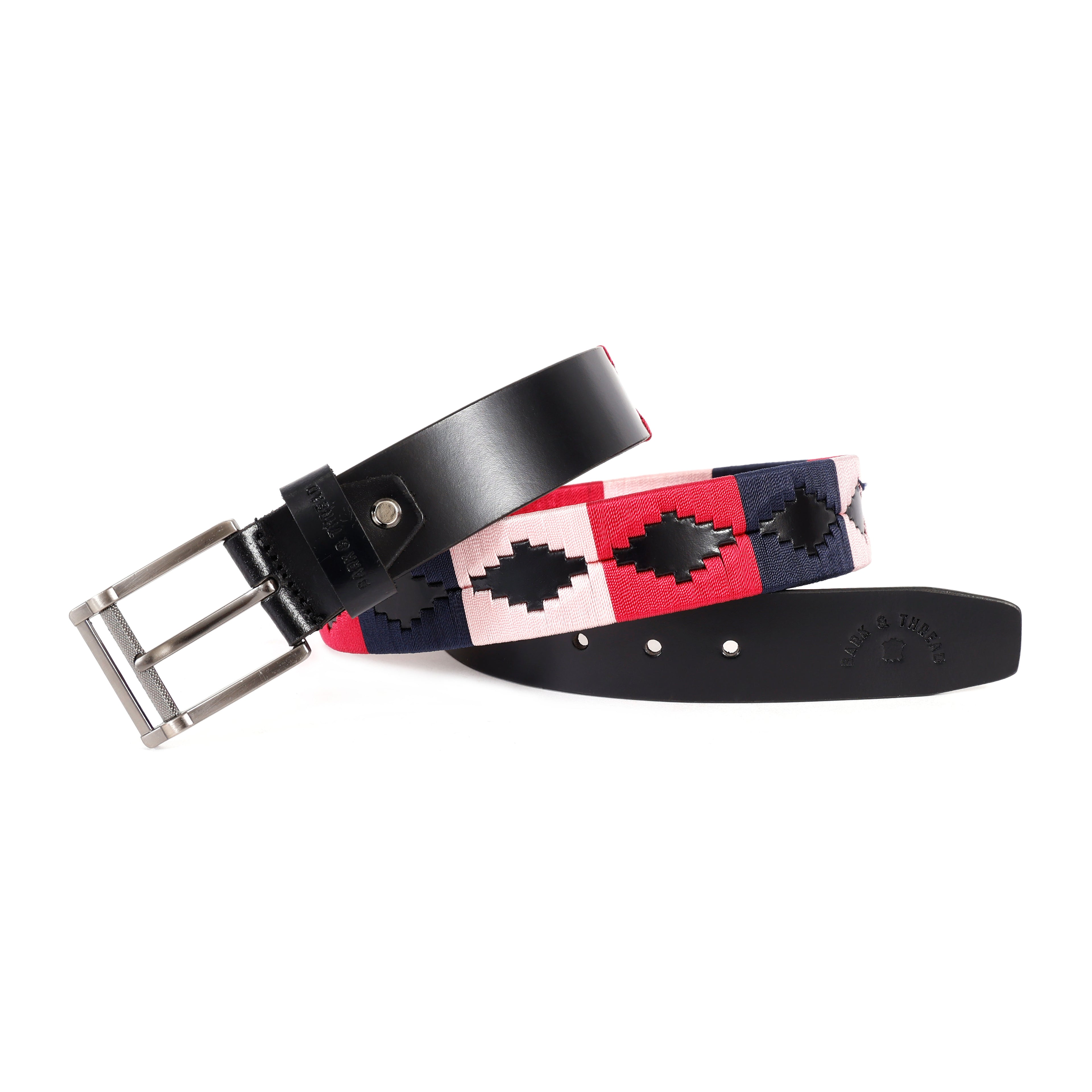 Premium Polo Leather Belt with Multicolour Stitching – Black Strap & Silver Buckle