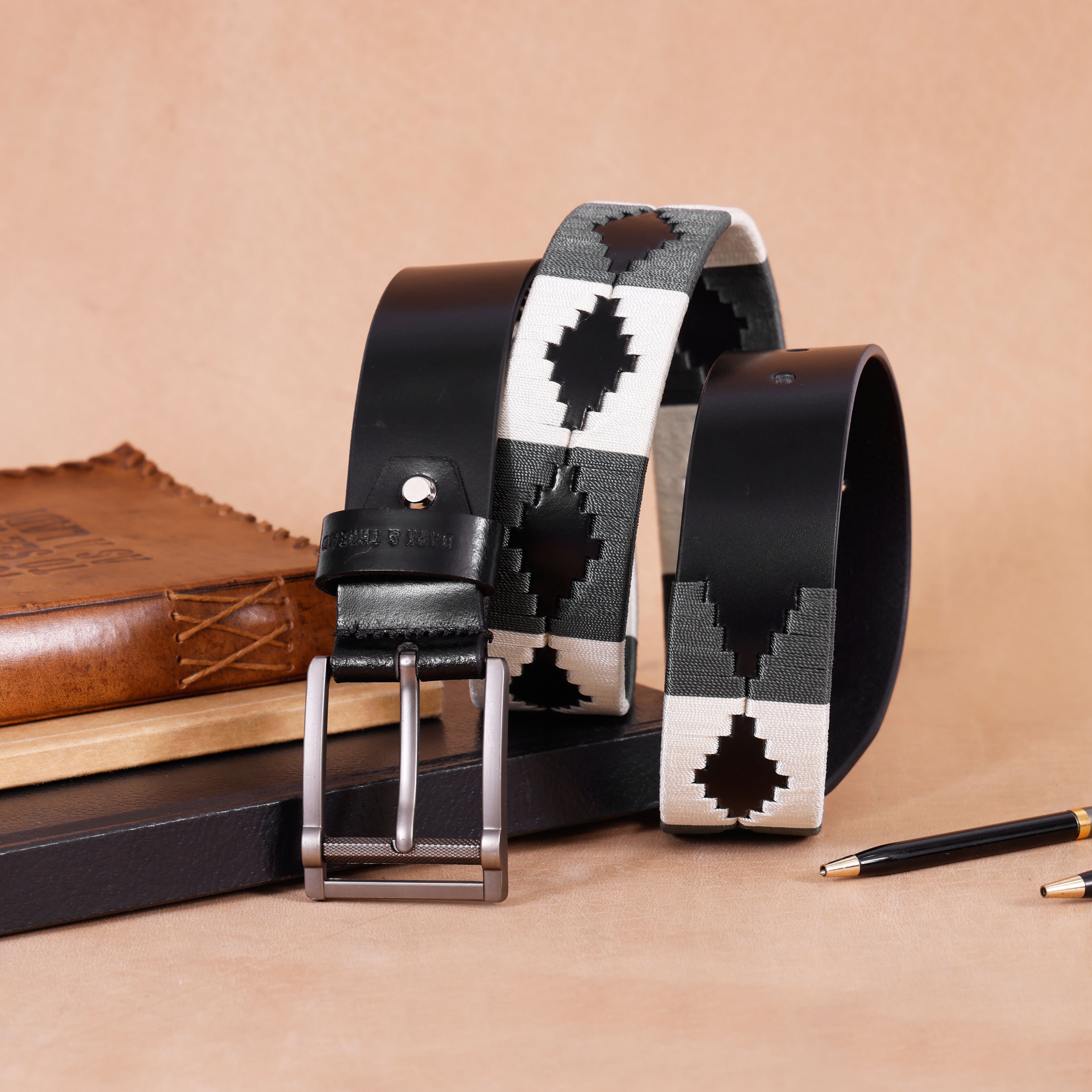 Premium Polo Leather Belt with Grey & White Stitching – Black Strap & Silver Buckle
