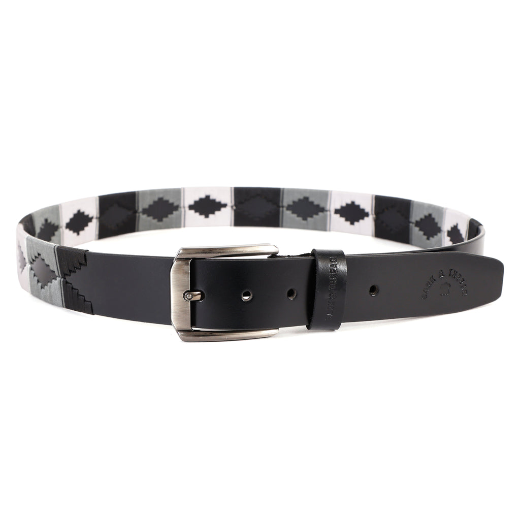 Premium Polo Leather Belt with Grey, Black & White Stitching – Black Strap & Silver Buckle