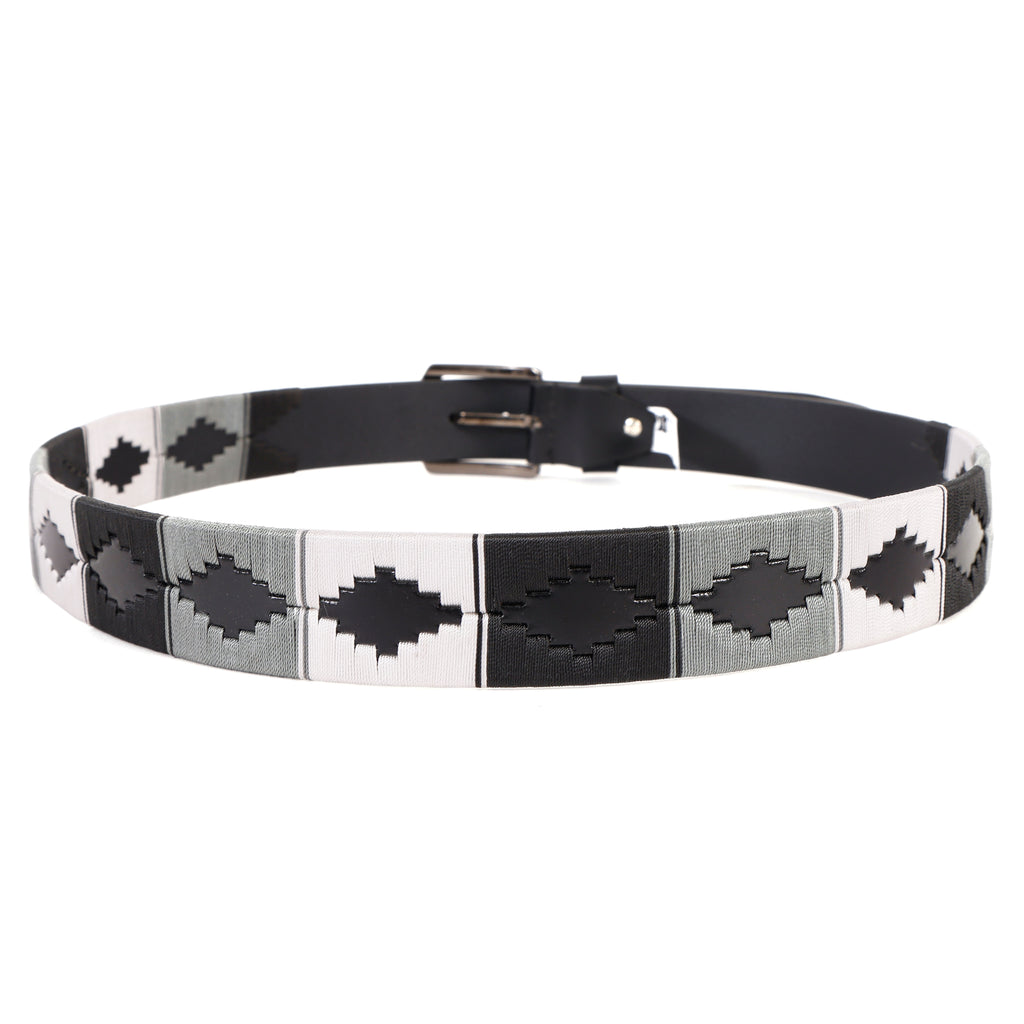 Premium Polo Leather Belt with Grey, Black & White Stitching – Black Strap & Silver Buckle