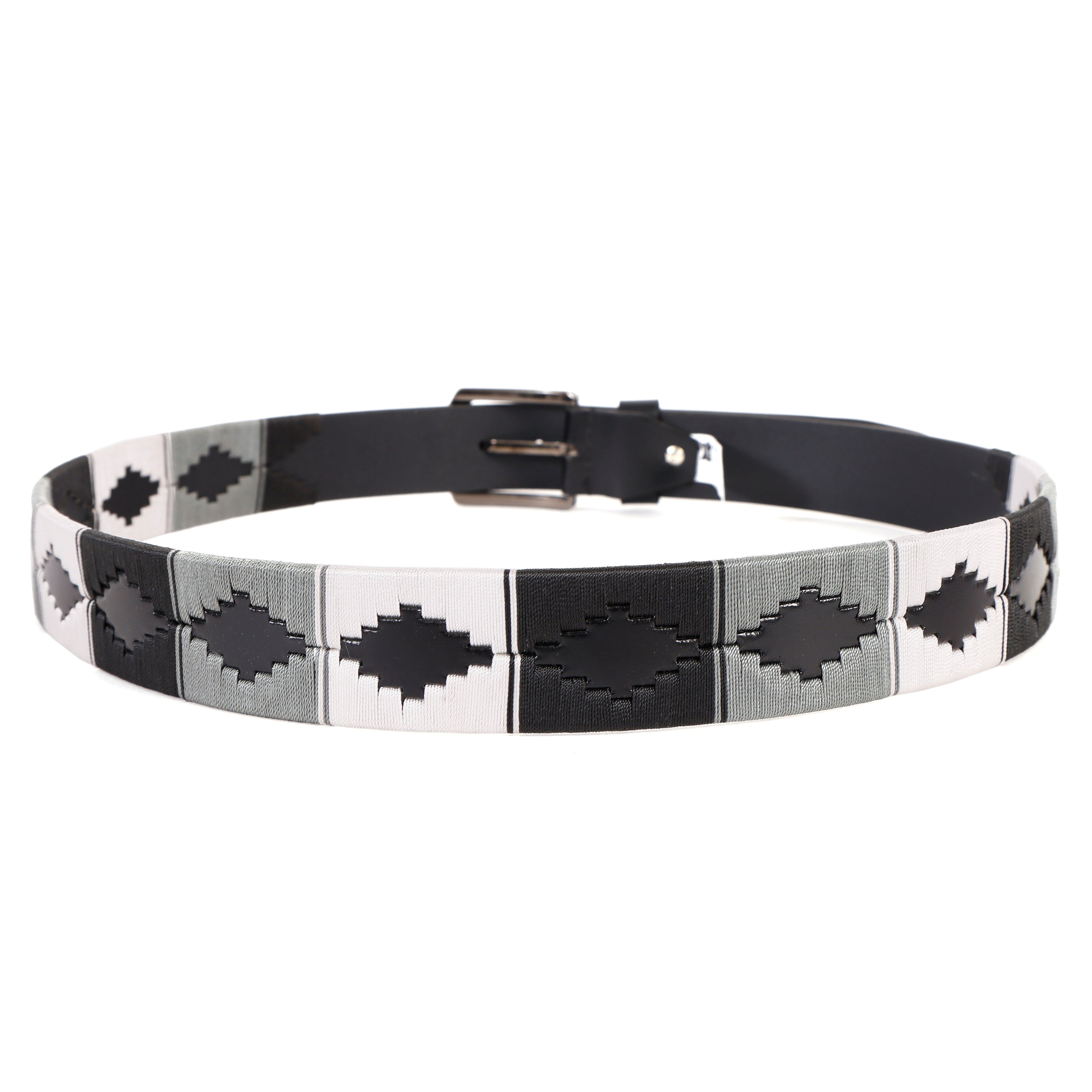 Premium Polo Leather Belt with Grey, Black & White Stitching – Black Strap & Silver Buckle