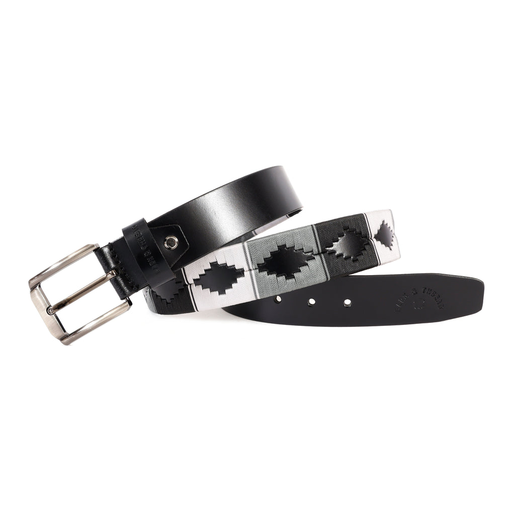 Premium Polo Leather Belt with Grey, Black & White Stitching – Black Strap & Silver Buckle