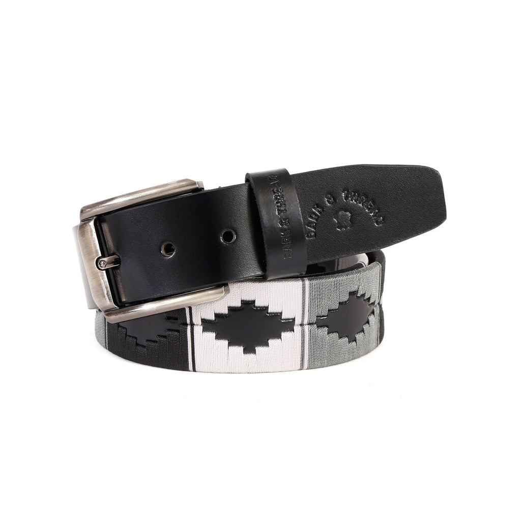 Premium Polo Leather Belt with Grey, Black & White Stitching – Black Strap & Silver Buckle