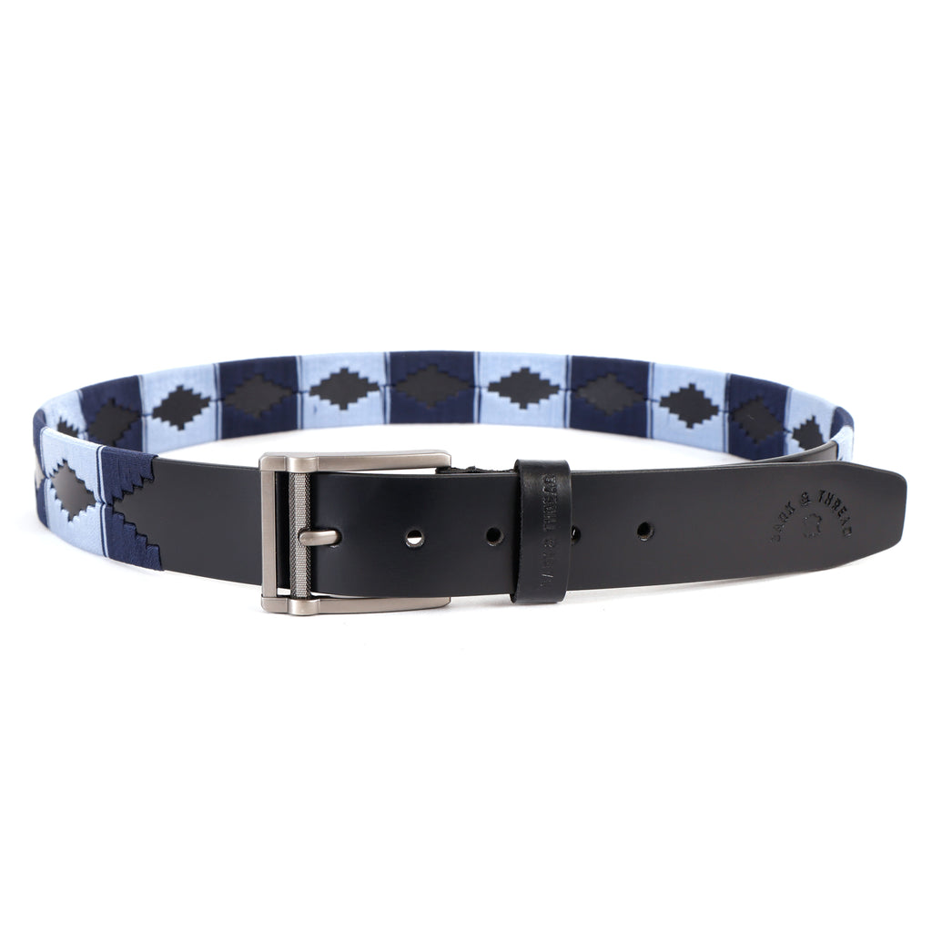 Premium Polo Leather Belt with Dark & Light Blue Stitching – Black Strap & Silver Buckle