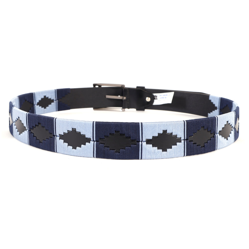 Premium Polo Leather Belt with Dark & Light Blue Stitching – Black Strap & Silver Buckle