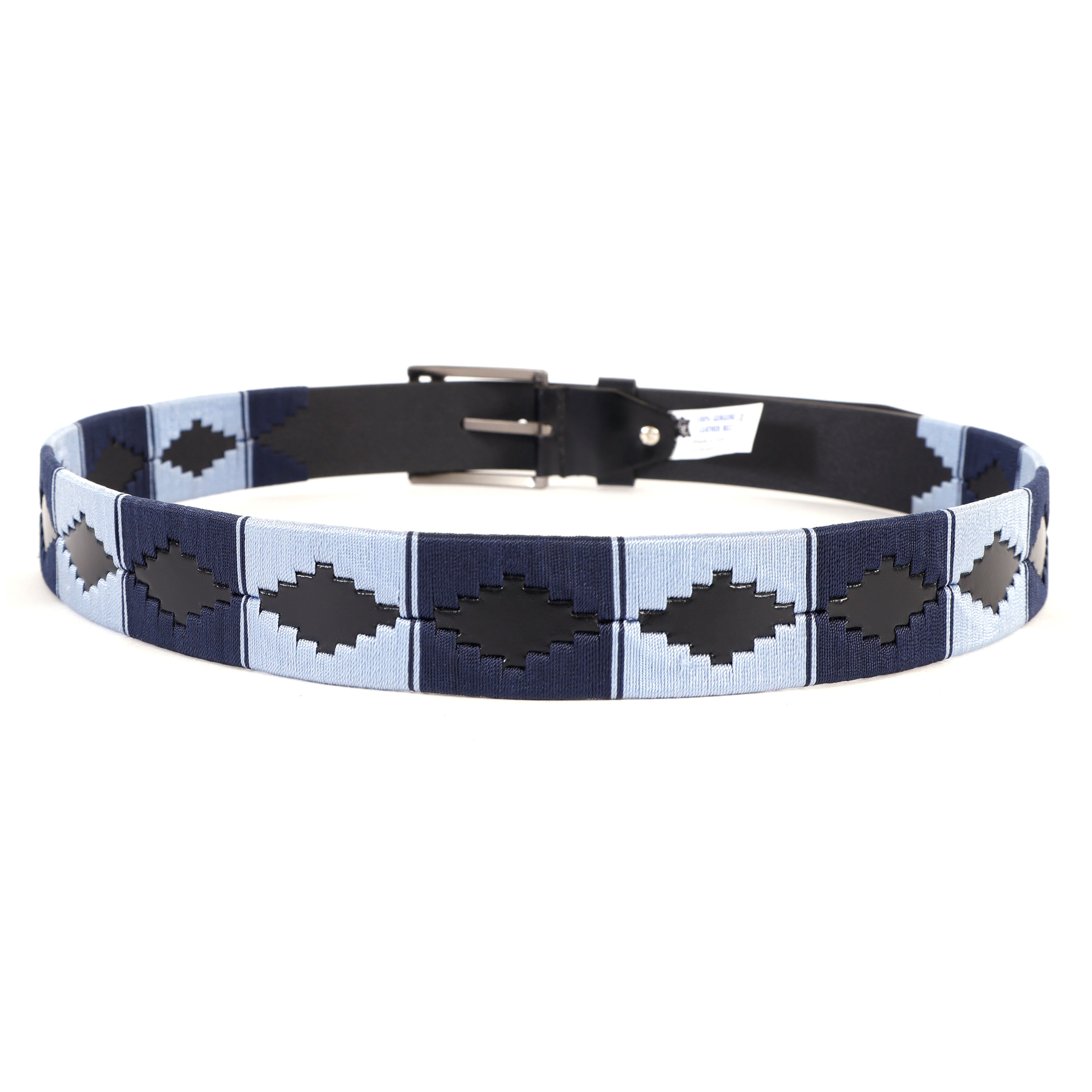Premium Polo Leather Belt with Dark & Light Blue Stitching – Black Strap & Silver Buckle