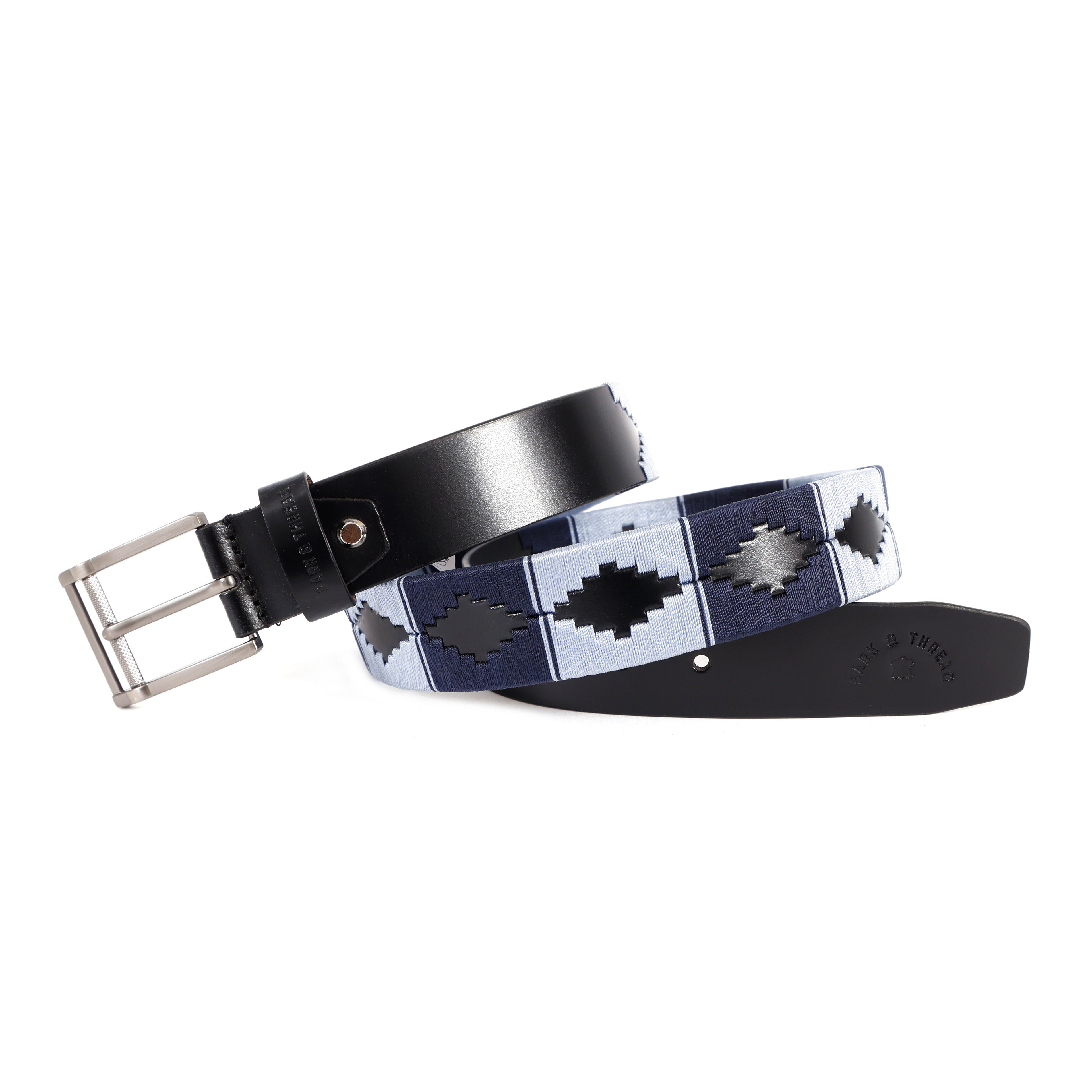 Premium Polo Leather Belt with Dark & Light Blue Stitching – Black Strap & Silver Buckle