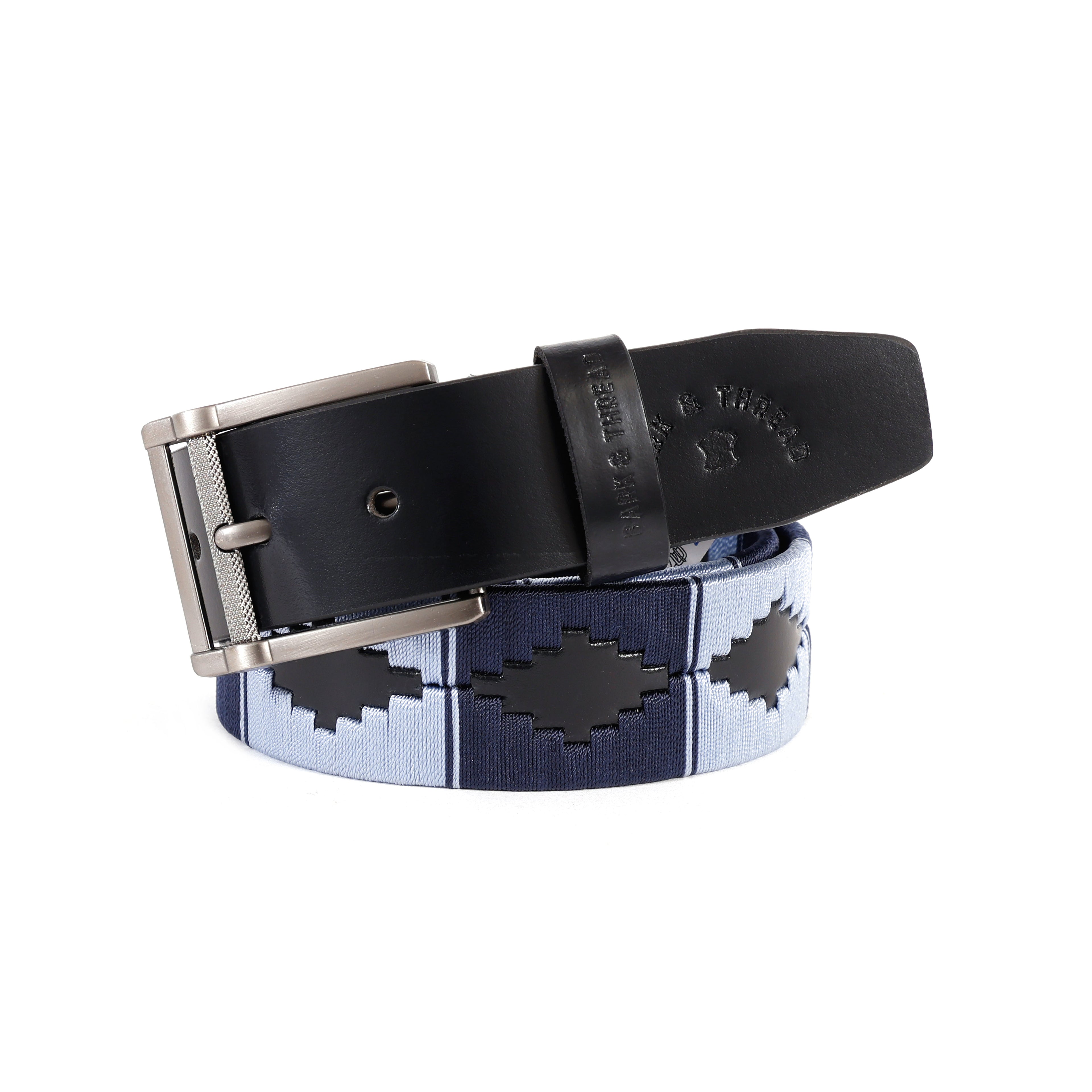 Premium Polo Leather Belt with Dark & Light Blue Stitching – Black Strap & Silver Buckle