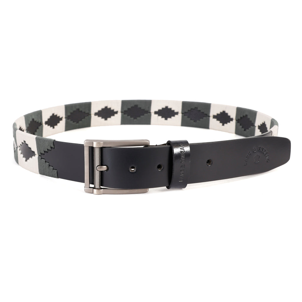 Premium Polo Leather Belt with Grey & White Stitching – Black Strap & Silver Buckle