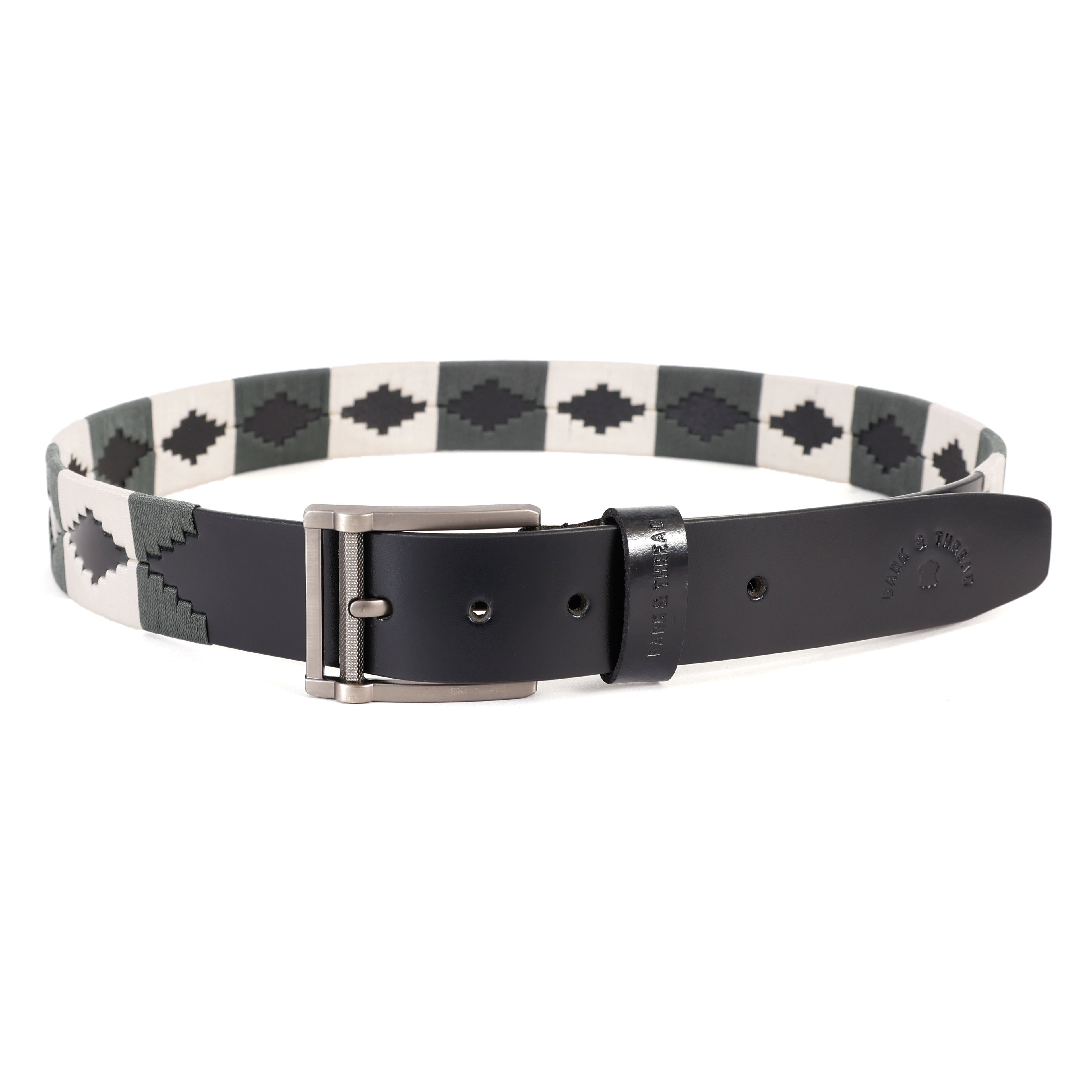 Premium Polo Leather Belt with Grey & White Stitching – Black Strap & Silver Buckle